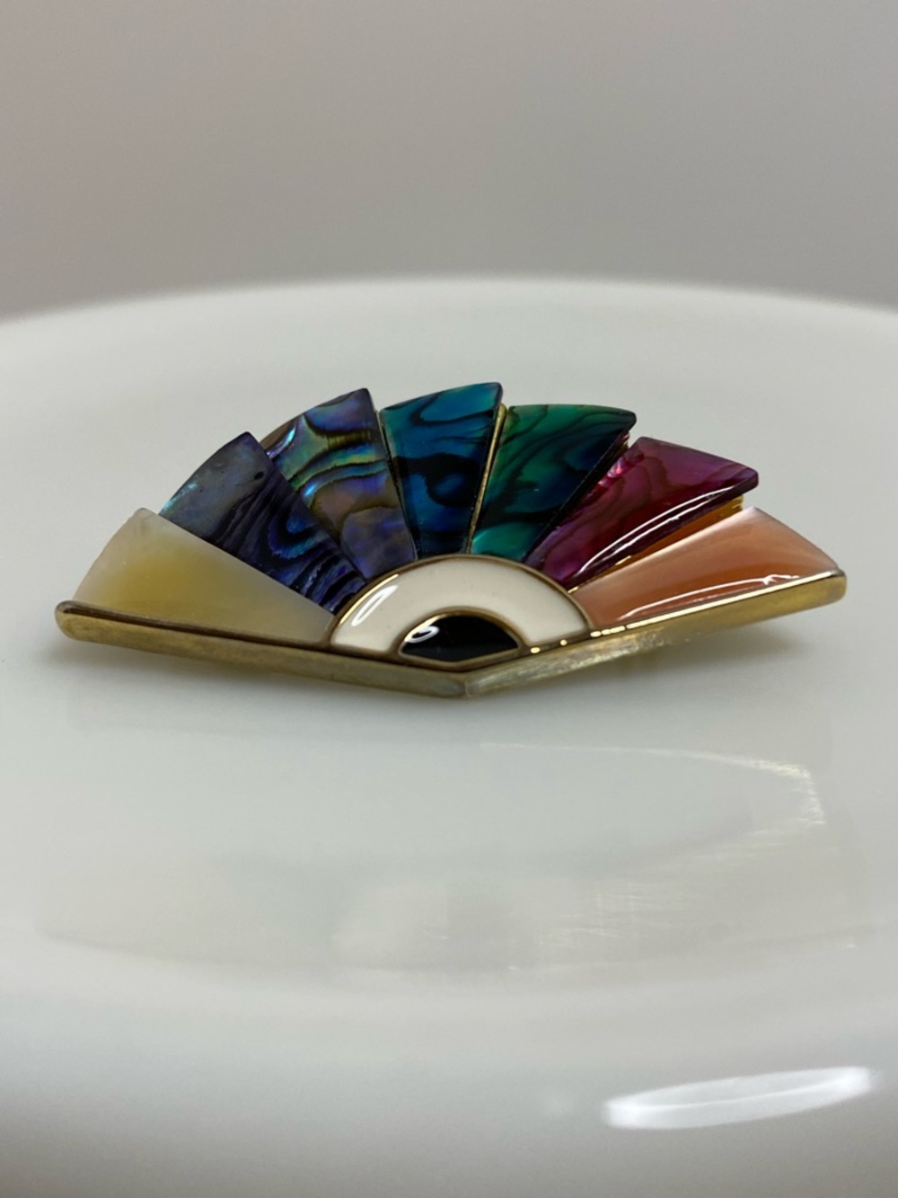 Vintage Fan Brooch Abalone Shell Inlay Gold Tone LP Signed Art Deco Style